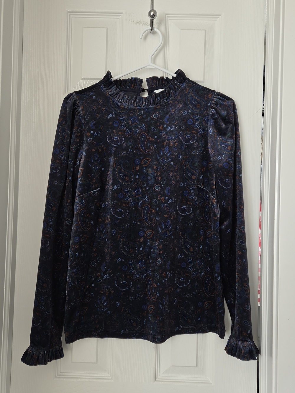 Ricki's Navy Paisley Velvet Ruffle Neck Long Sleeve Top